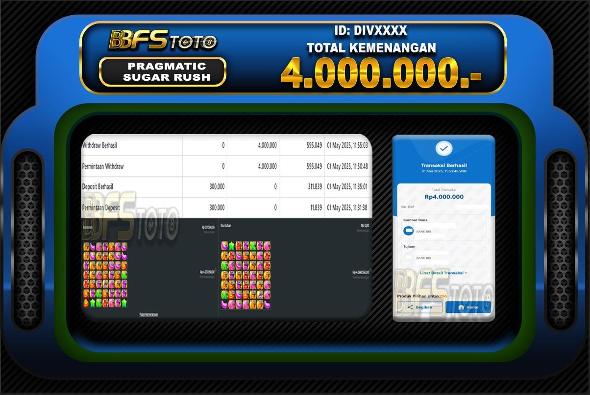 SUGAR RUSH  – BUKTI JACKPOT SLOT BBFSTOTO