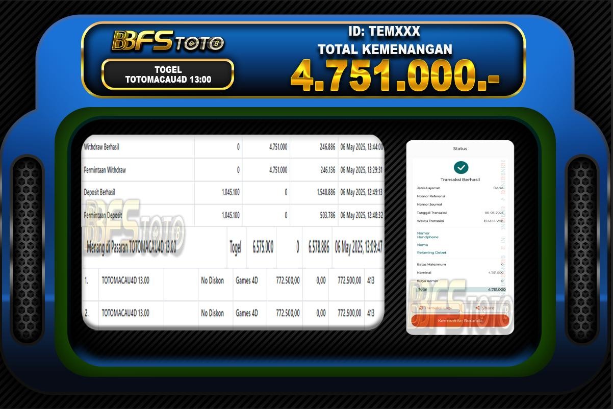 TOGEL TOTOMACAU4D 13.00 – BUKTI JACKPOT BBFSTOTO