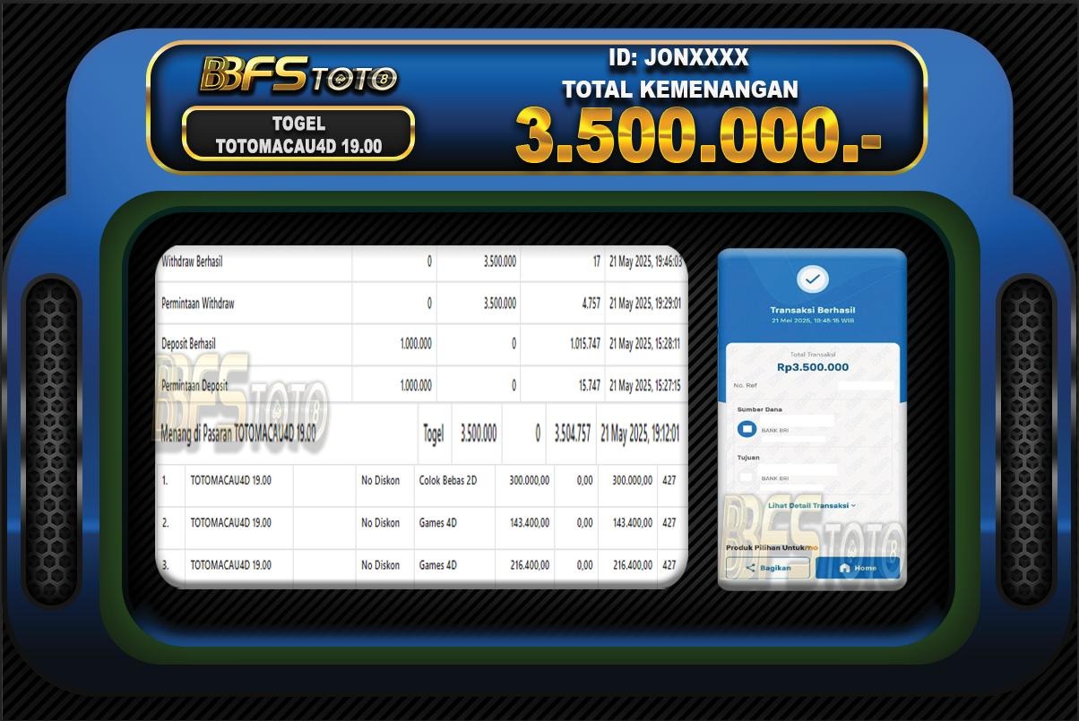 TOGEL TOTOMACAU4D 19.00 – BUKTI JACKPOT BBFSTOTO
