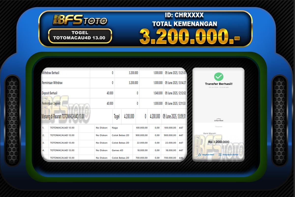 TOGEL TOTOMACAU4D 13.00 – BUKTI JACKPOT BBFSTOTO
