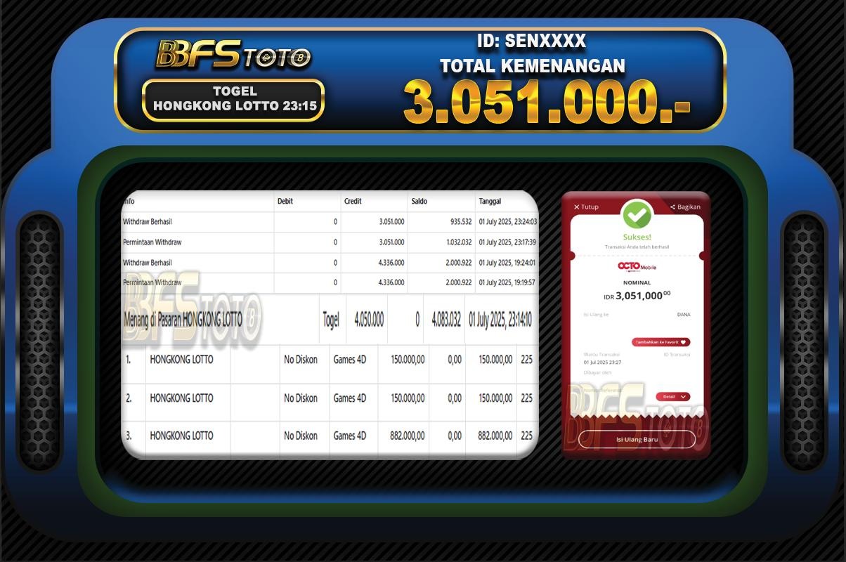 TOGEL HONGKONG LOTTO – BUKTI JACKPOT BBFSTOTO